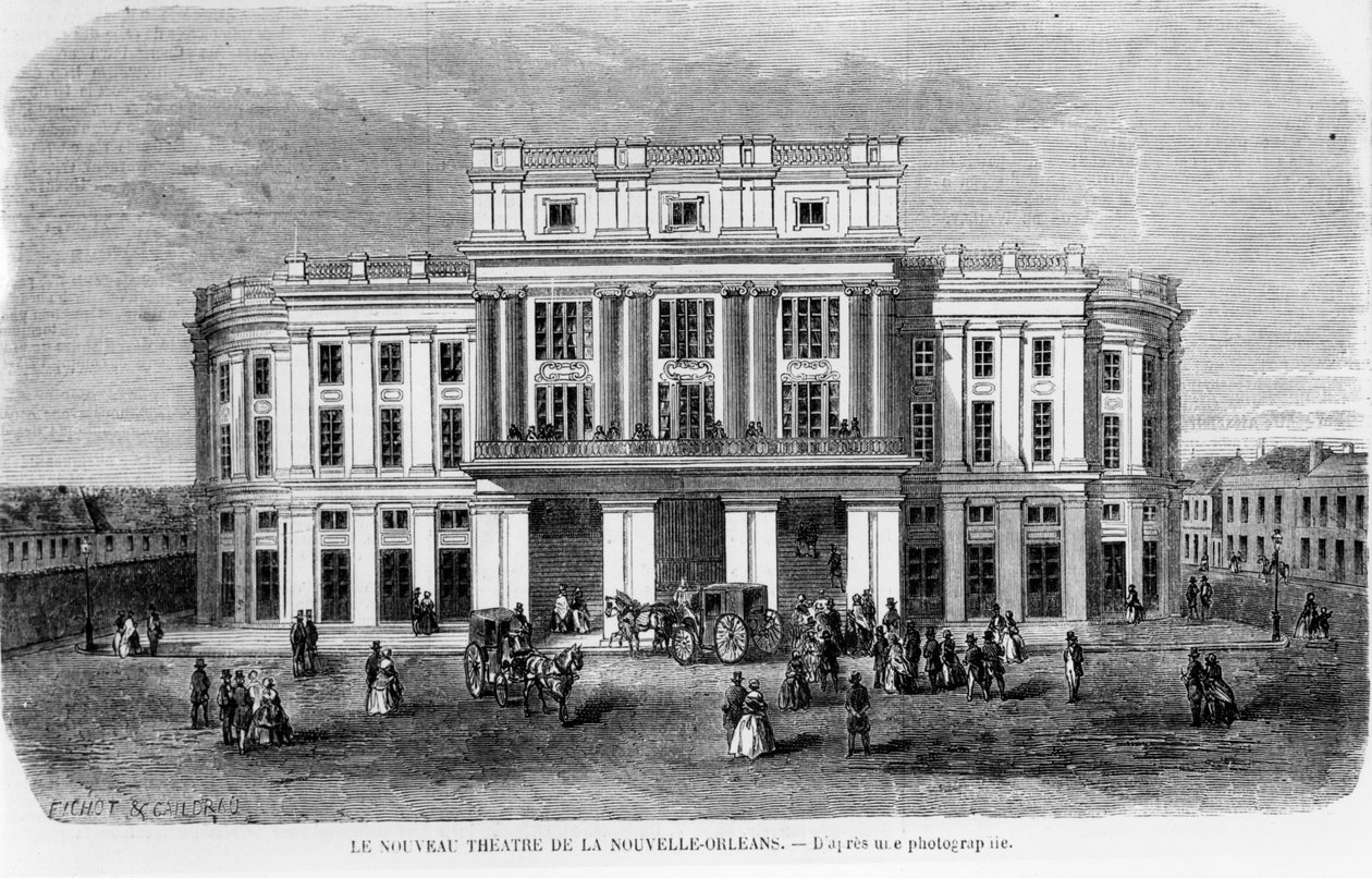 The New Theatre i New Orleans, gravert etter et fotografi, 1859 av Michel C. and Gaildrau, Jules Fichot