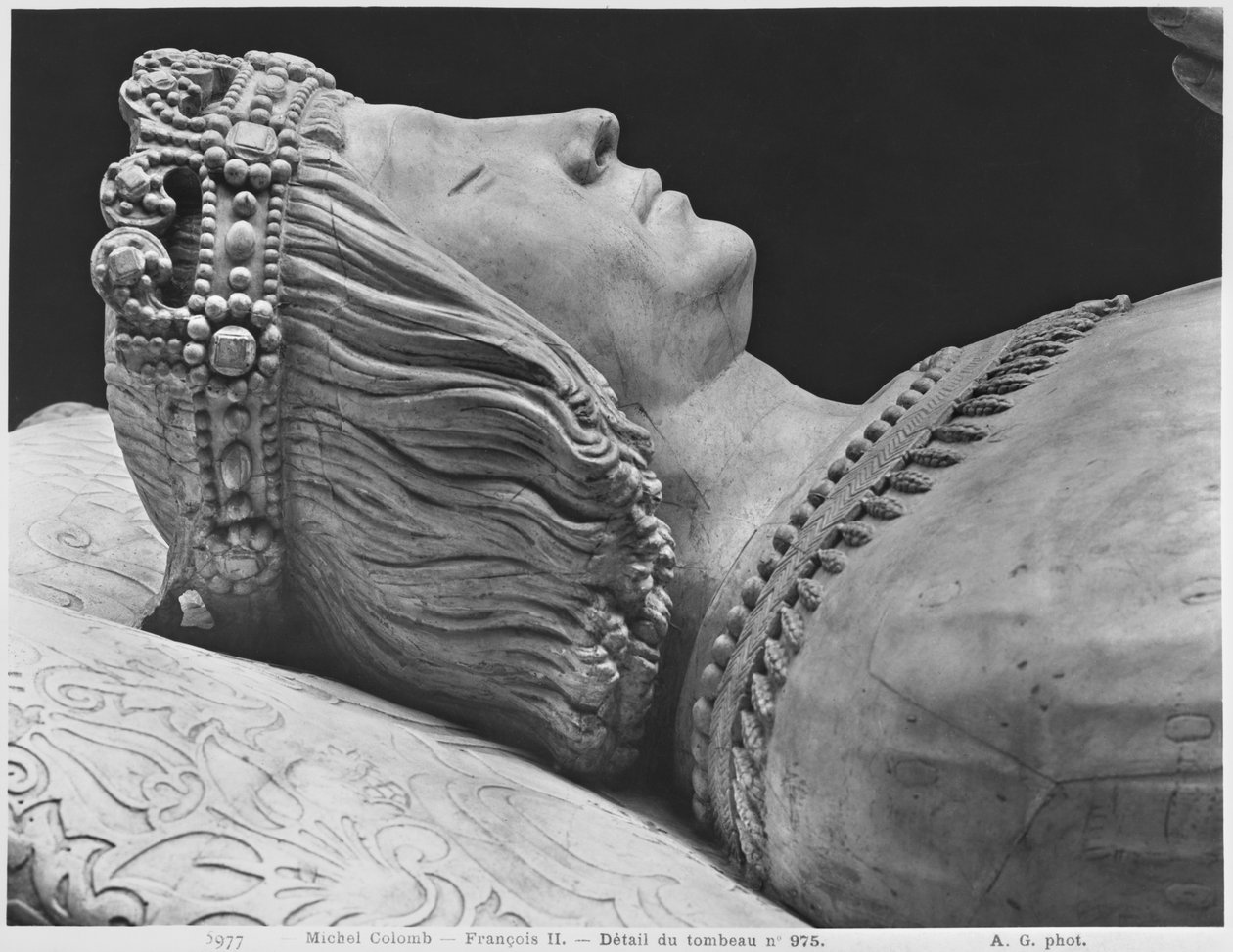 Nantes, St. Peter og St. Paul-katedralen, graven til Frans II, hertugen av Bretagne og Marguerite av Foix, detalj av Frans II, 1502-07 gipsstøpt fra marmor bw-foto av Michel Colombe