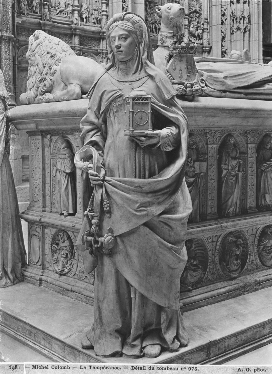 Nantes, St. Peter og St. Paul-katedralen, Graven til Frans II, hertugen av Bretagne og Marguerite av Foix, detalj av Temperance, 1502-07 gipsstøpt fra marmor bw foto av Michel Colombe