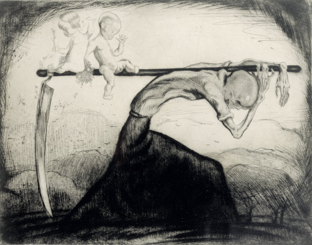 Død med to barn båret på ljåen, 1915 (radering på papir) av Michel Fingesten