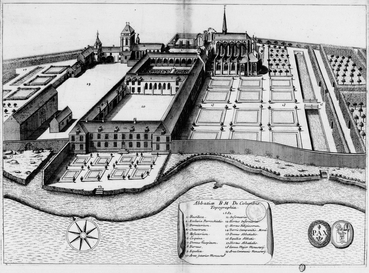 Inngravert tallerken fra 1600-tallet som representerer klosteret Notre-Dame de Coulombs, i boken Monasticon Gallicanum av Michel Germain
