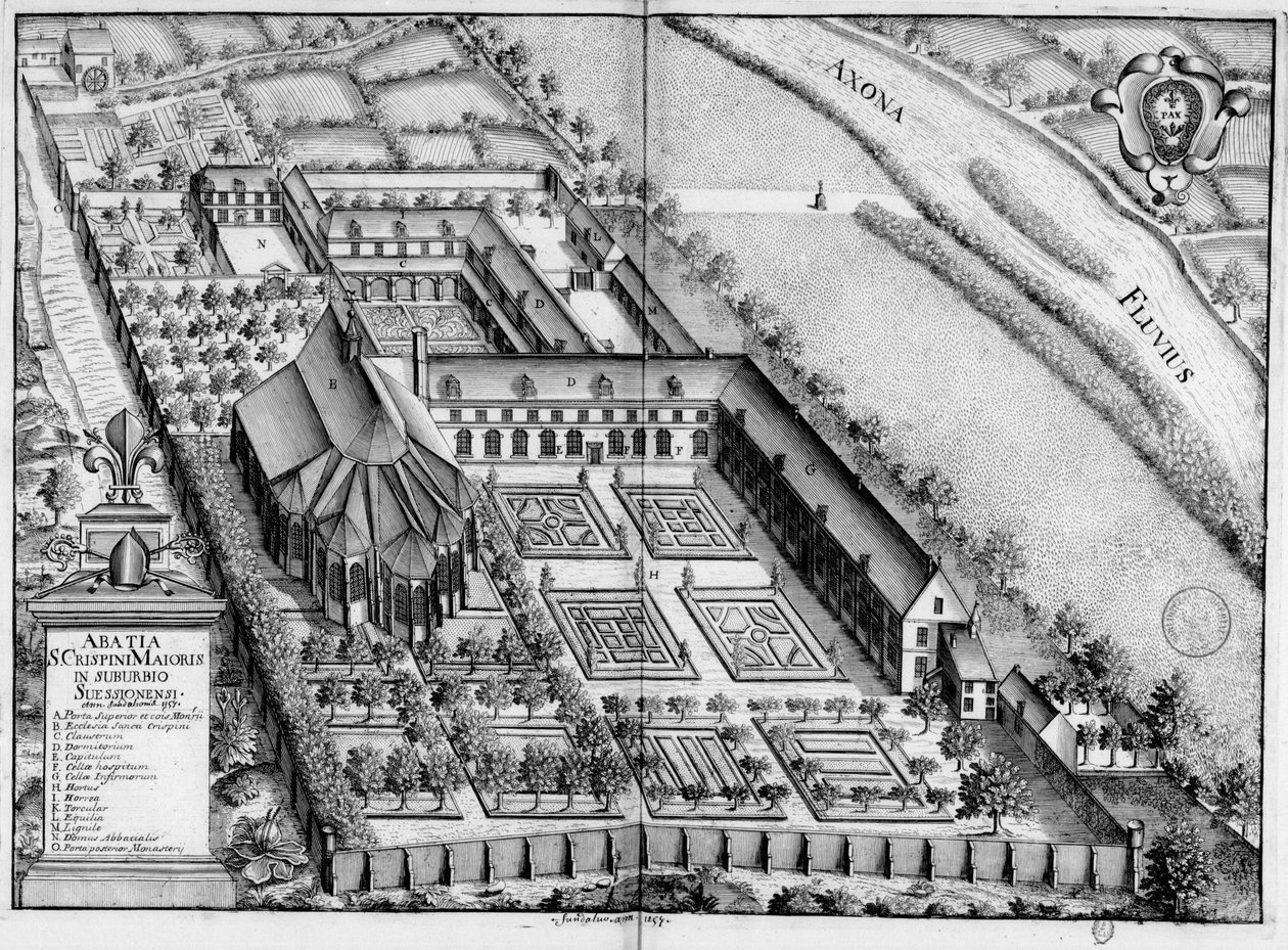 Gravert plate fra 1600-tallet som representerer klosteret Saint-Crépin-Le-Grand de Soissons, i boken Monasticon Gallicanum av Michel Germain