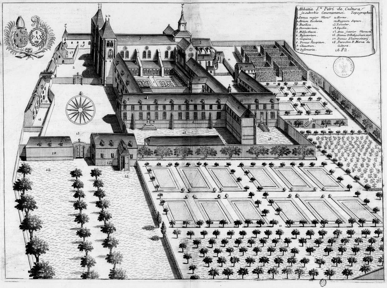 Inngravert tallerken fra 1600-tallet som representerer klosteret Saint-Pierre de la Couture i Le Mans, av Michel Germain
