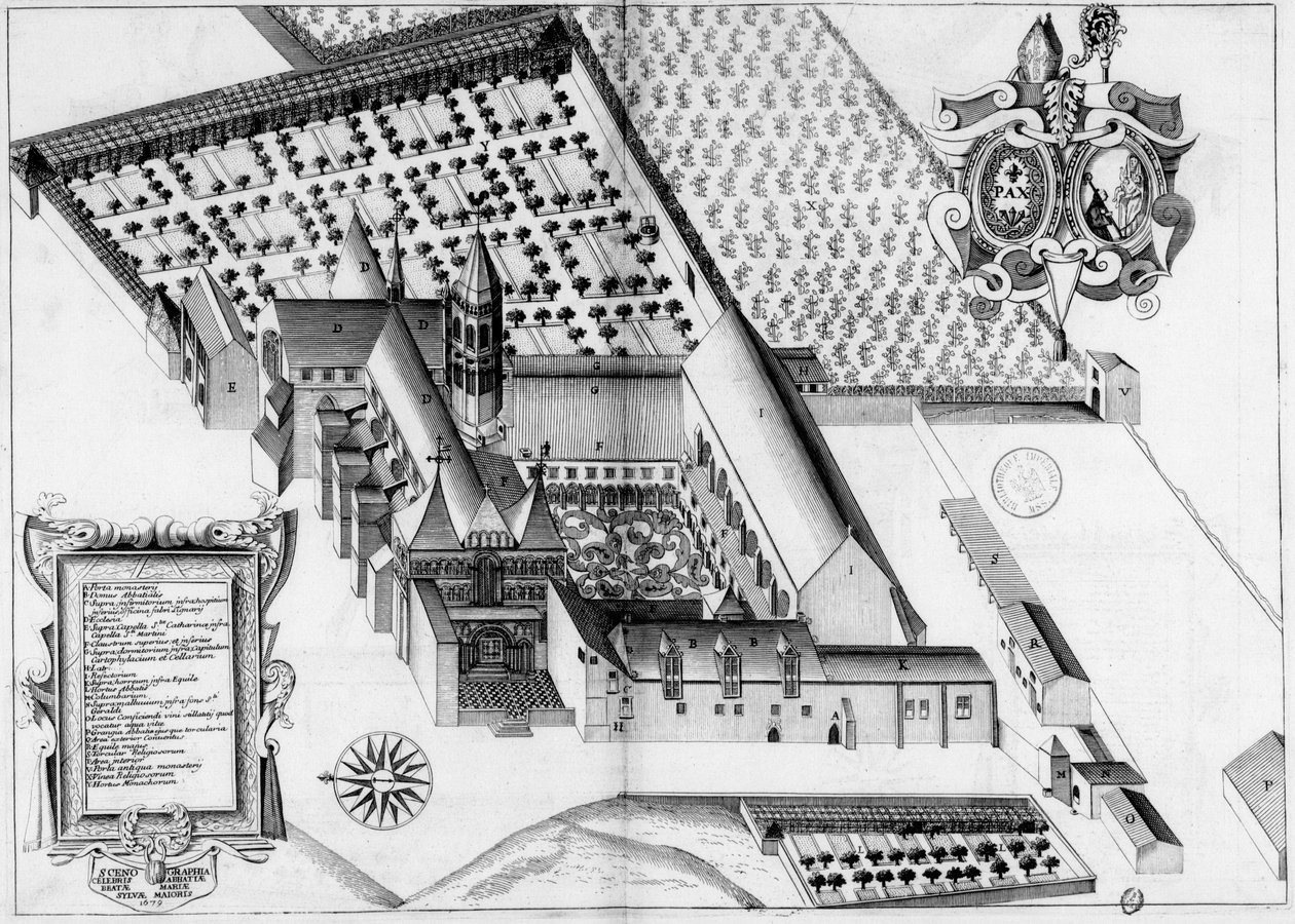 Gravert tallerken fra 1600-tallet som representerer klosteret La Sauve-Majeure, i Frankrike, i boken Monasticon Gallicanum av Michel Germain