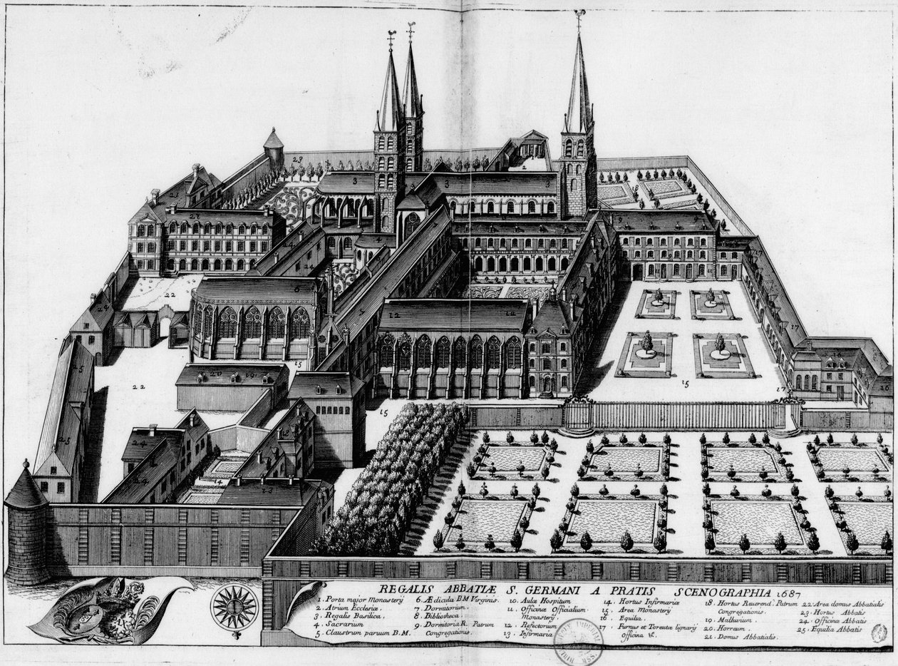 Tallerken fra 1687, som viser klosteret St. Germain des Prés i Paris av Michel Germain