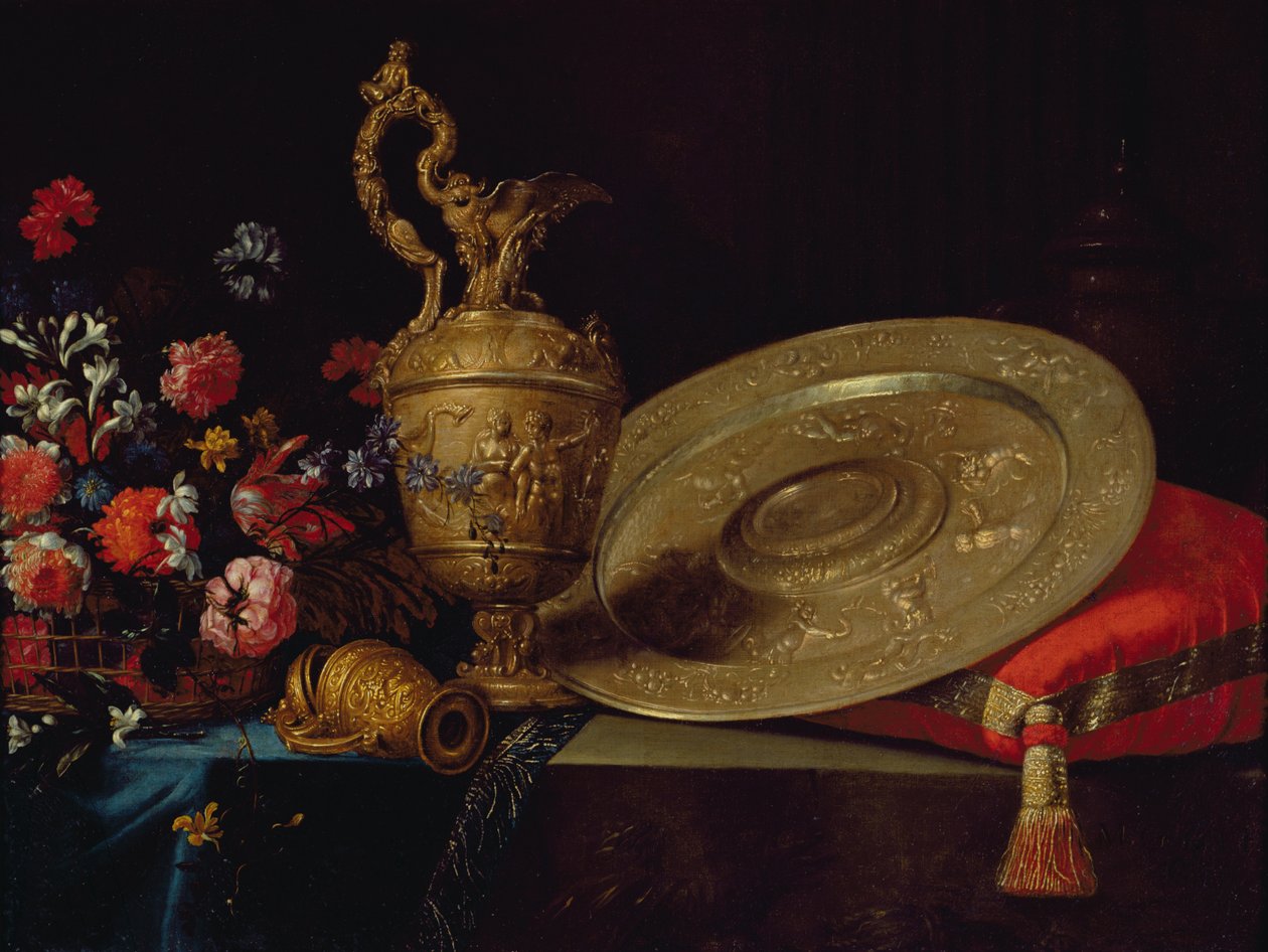 Stilleben med blomster og tallerken av Michel Gobin