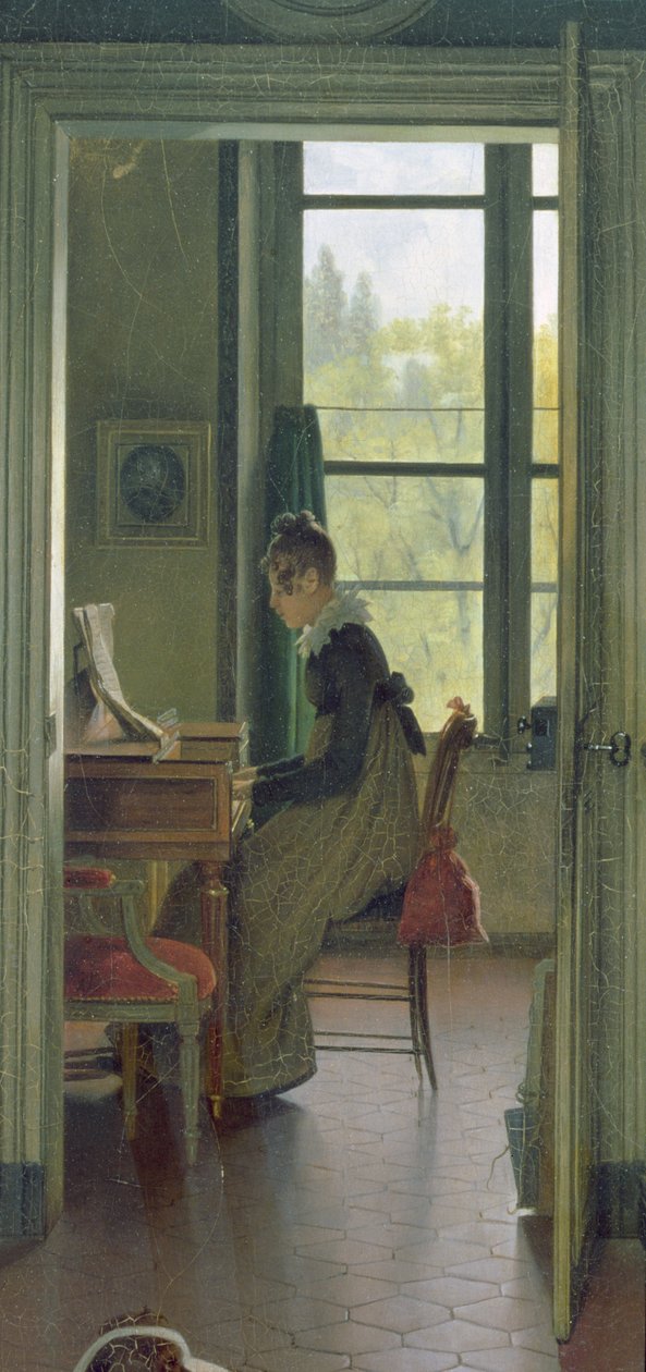 Interiør i en spisestue, detalj av en kvinne som spiller piano i neste rom, 1816 (detalj av 106942) av Michel Martin Drolling