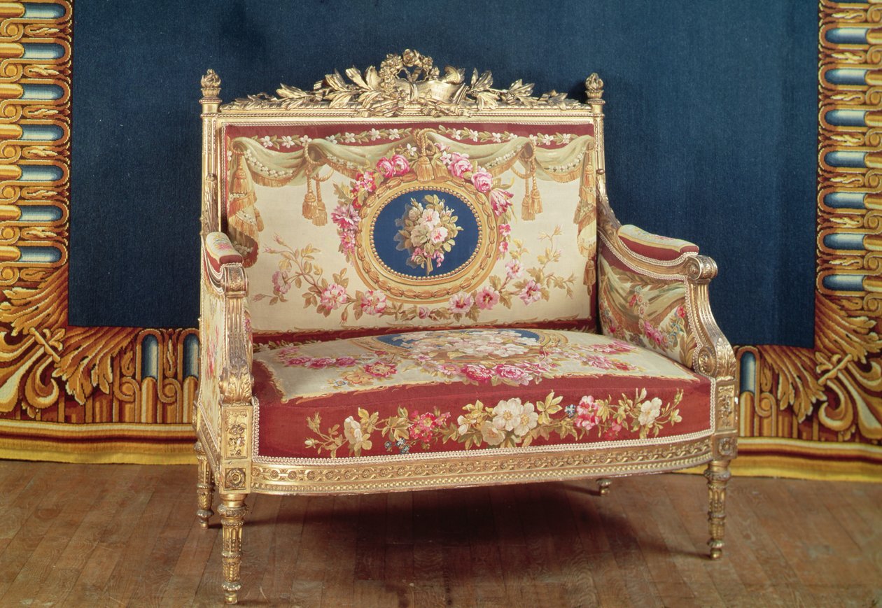 Louis XVI stil kjærlighetssete for salongen til Chateau de Saint-Cloud, 1855 (tre og billedvev) av Michel Victor Cruchet