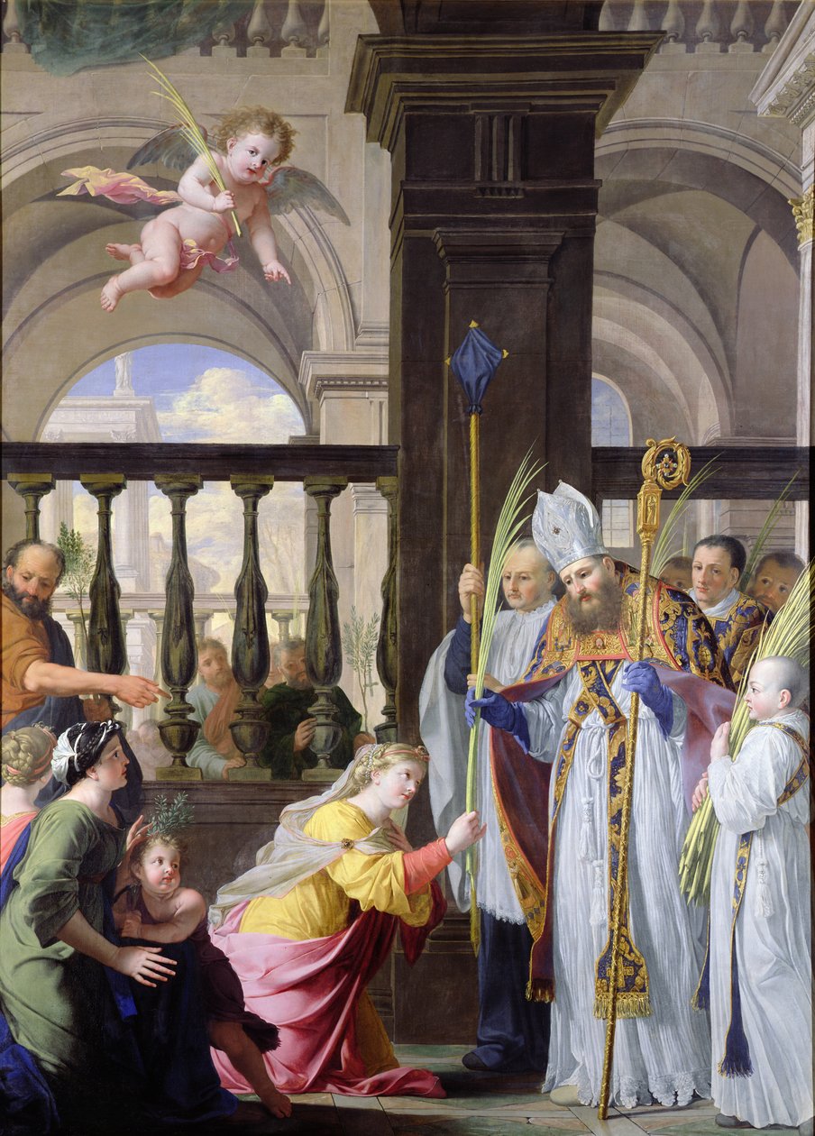 St. Genevieve mottar en palme fra St. Medard på palmesøndag av Michel des Gobelins Corneille