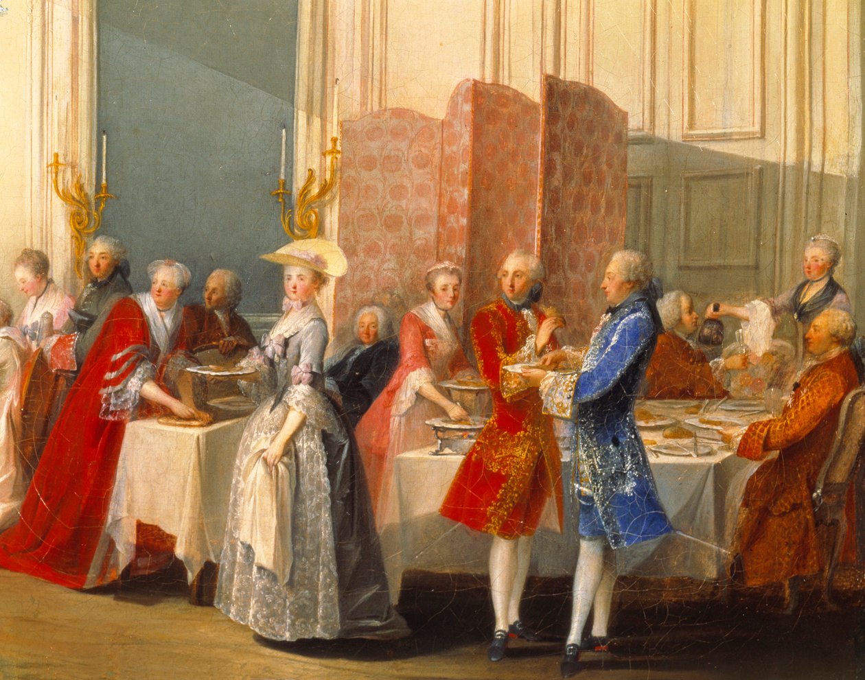 Buffet med gjester ved siden av en skjerm. Detalj av "" Le The a l"Englishman servert i Salon des Quatre-Glaces av Michel Barthelemy Ollivier or Olivier
