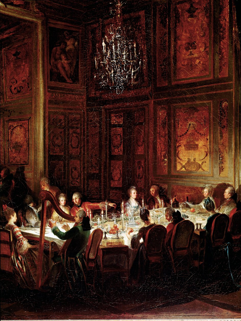 Middag til prins Louis Francois de Conti, tempelpalasset”” Detalj. Maleri av Michel Barthelemy Ollivier (1712-1784) 1766 søn. 0,56x0,71 Versailles, musee du chateau av Michel Barthelemy Ollivier or Olivier