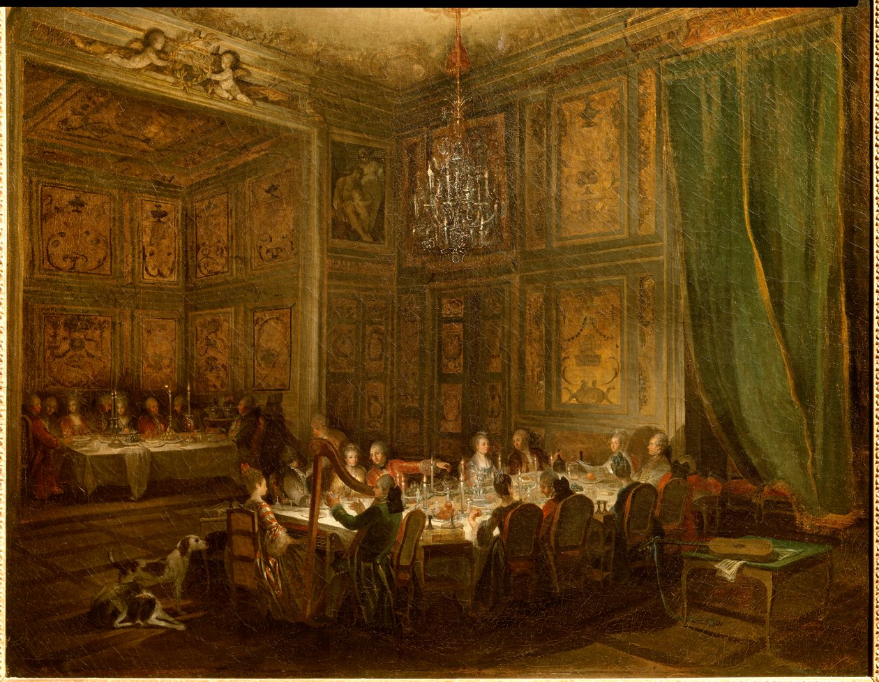 Middag til prins Louis Francois de Conti, Tempelpalassmaleri av Michel Barthelemy Ollivier (1712-1784) 1766 Søn. 0,56x0,71 av Michel Barthelemy Ollivier or Olivier