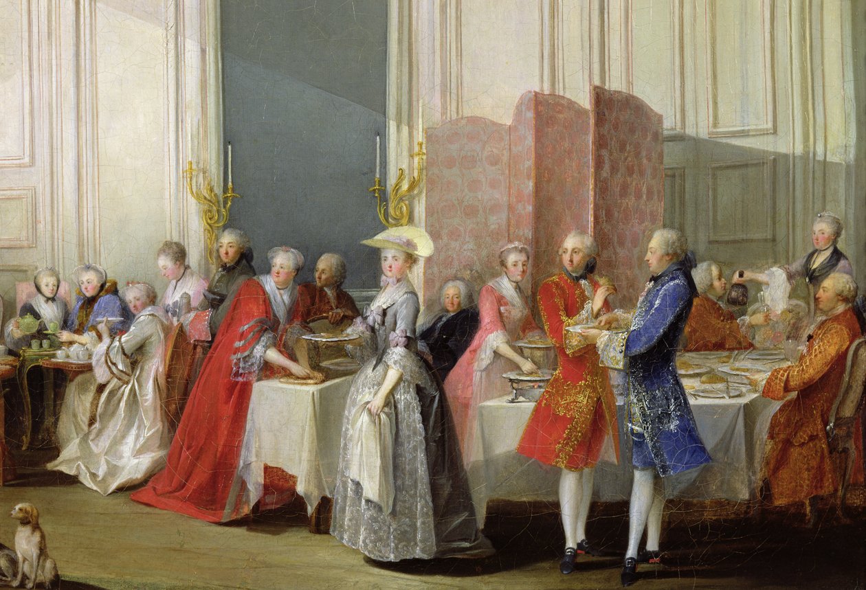 Engelsk te i Salon des Quatre Glaces i huset til Prince de Conti (1717-76) Palais du Temple, detalj av gjestene, 1766 av Michel Barthelemy Ollivier or Olivier
