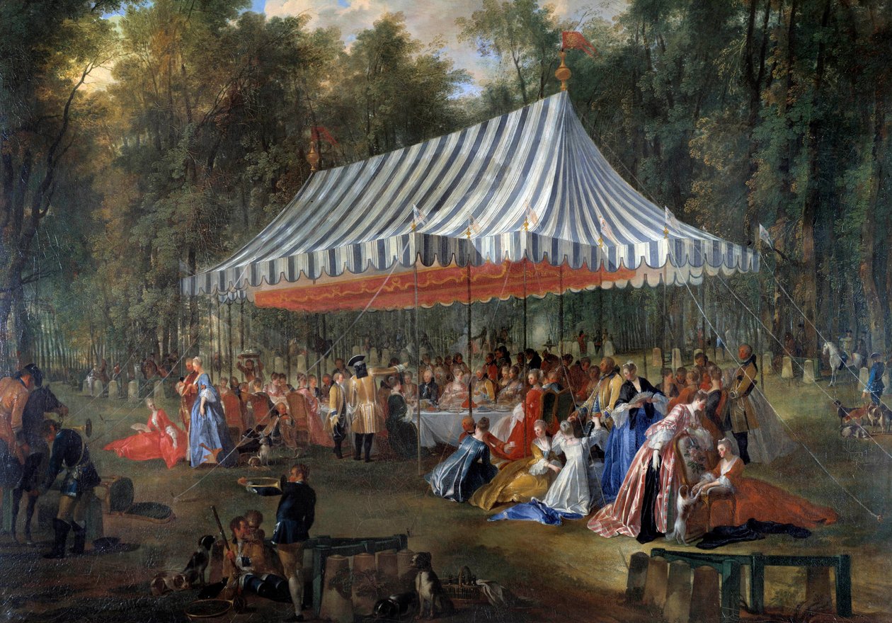 Fest gitt av Louis Francois Joseph de Bourbon, prins av Conti til arvelig prins Charles Guillaume Ferdinand av Brunswick Luebourg (1735-1806), under teltet, i Cassan-skogen, på Isle Adam i 1766 Bankett i parken. Maleri av Michel Ba av Michel Barthelemy Ollivier or Olivier