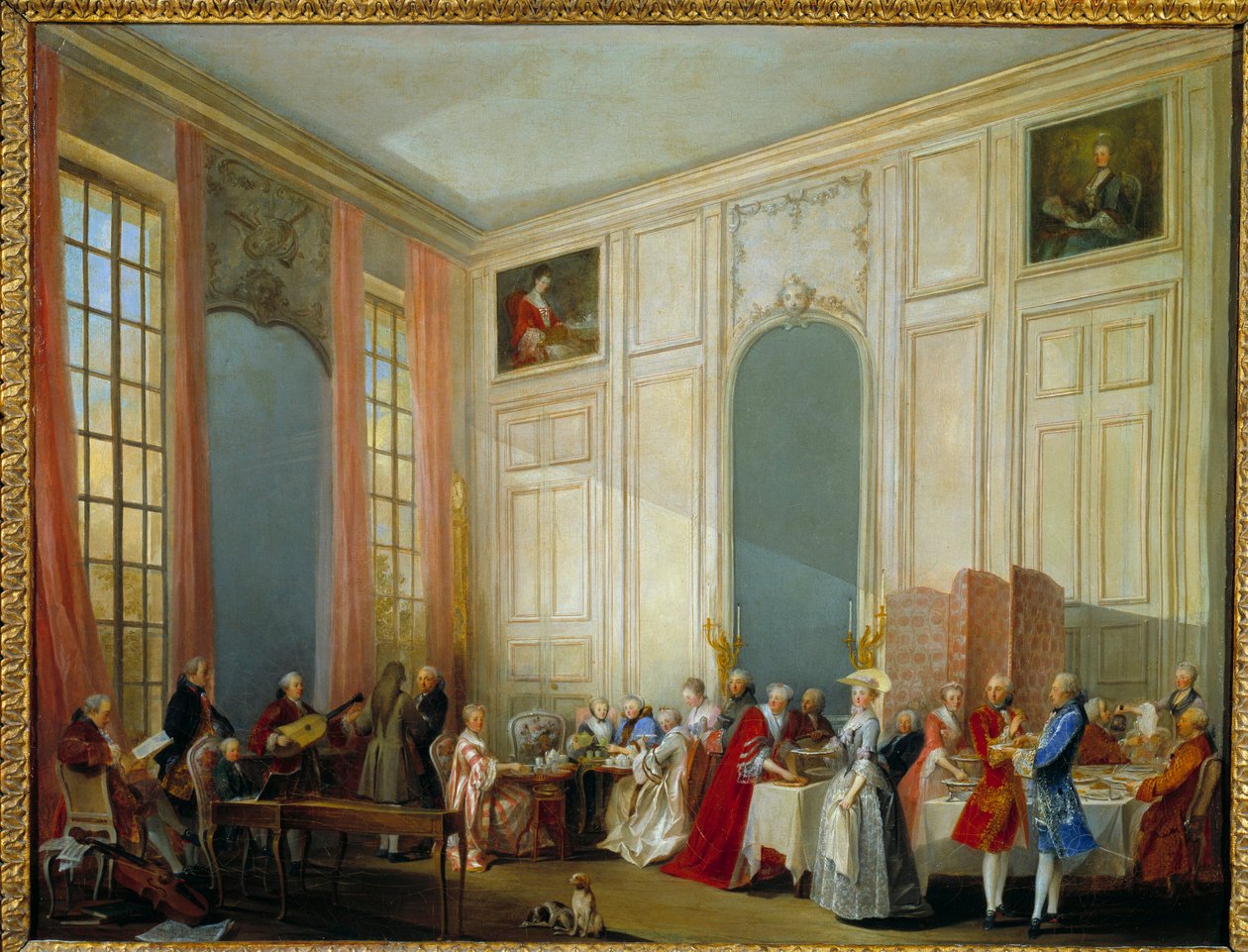 Le The a l'Englishman serverte i Salon des Quatre Glaces (Fire Glaces) ved Palais du Temple i Paris i 1764 Den unge Wolfgang Amadeus Mozart (1756-1791) sitter til venstre ved cembalo i nærvær av hele hoffet av prinsen av Conti. av Michel Barthelemy Ollivier or Olivier