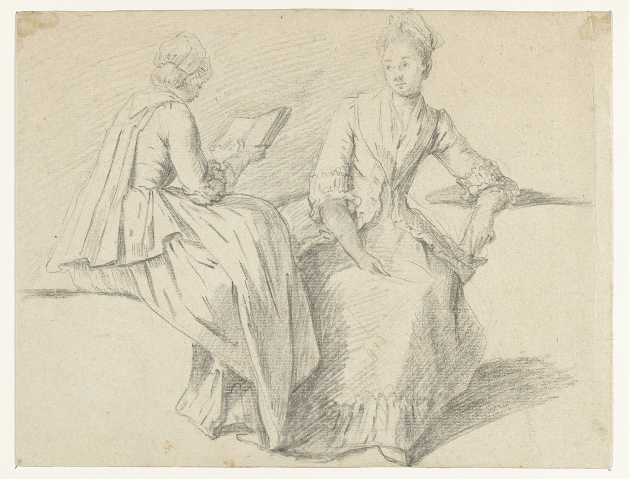 Studieark med to sittende jenter av Michel Barthélémy Ollivier (possibly)