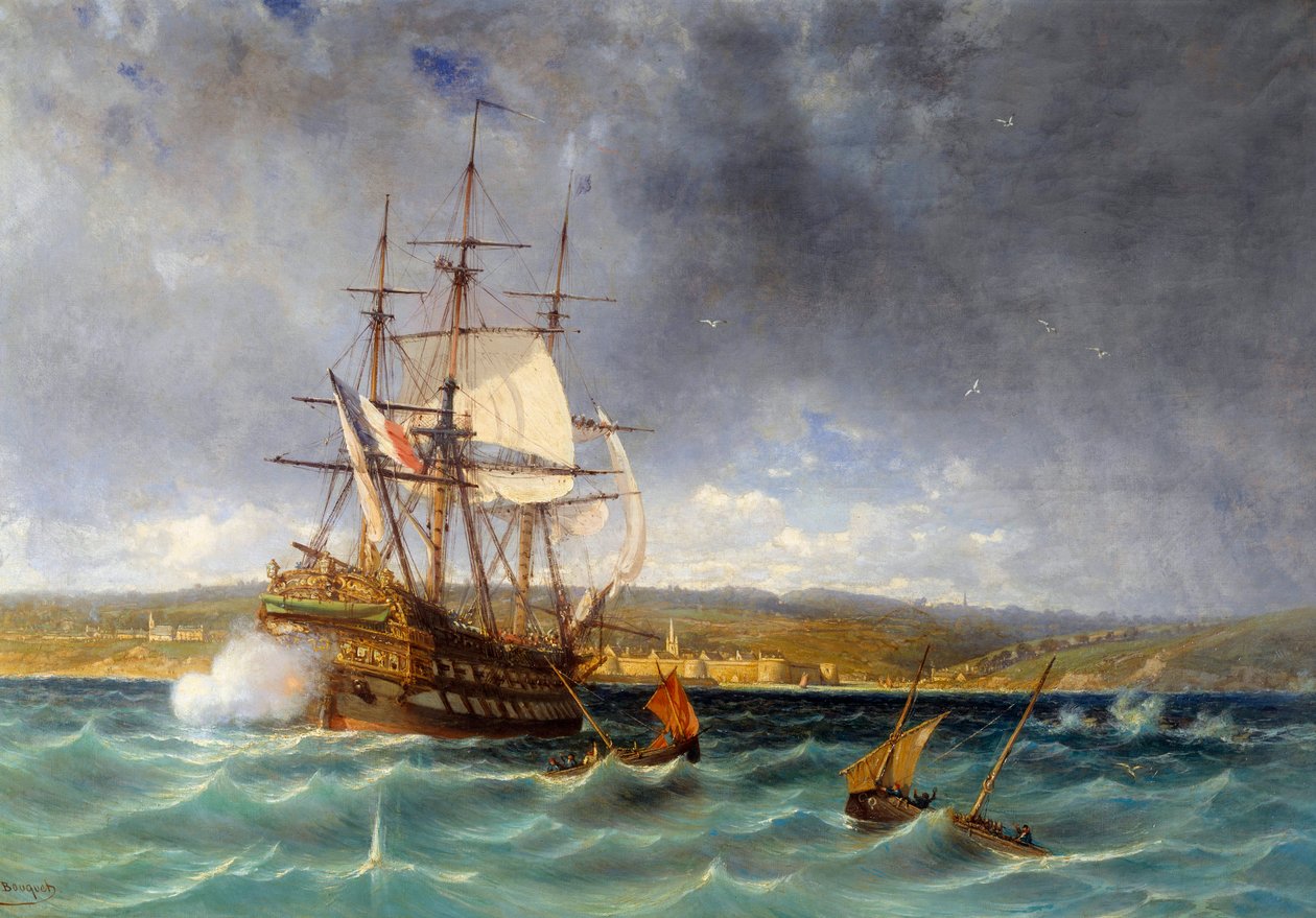 Veteranen kommer inn i havnen i Concarneau Detail. Maleri av Michel Bouquet (1807-1890) Brest fra 1800-tallet, Musee des Beaux Arts av Michel Bouquet