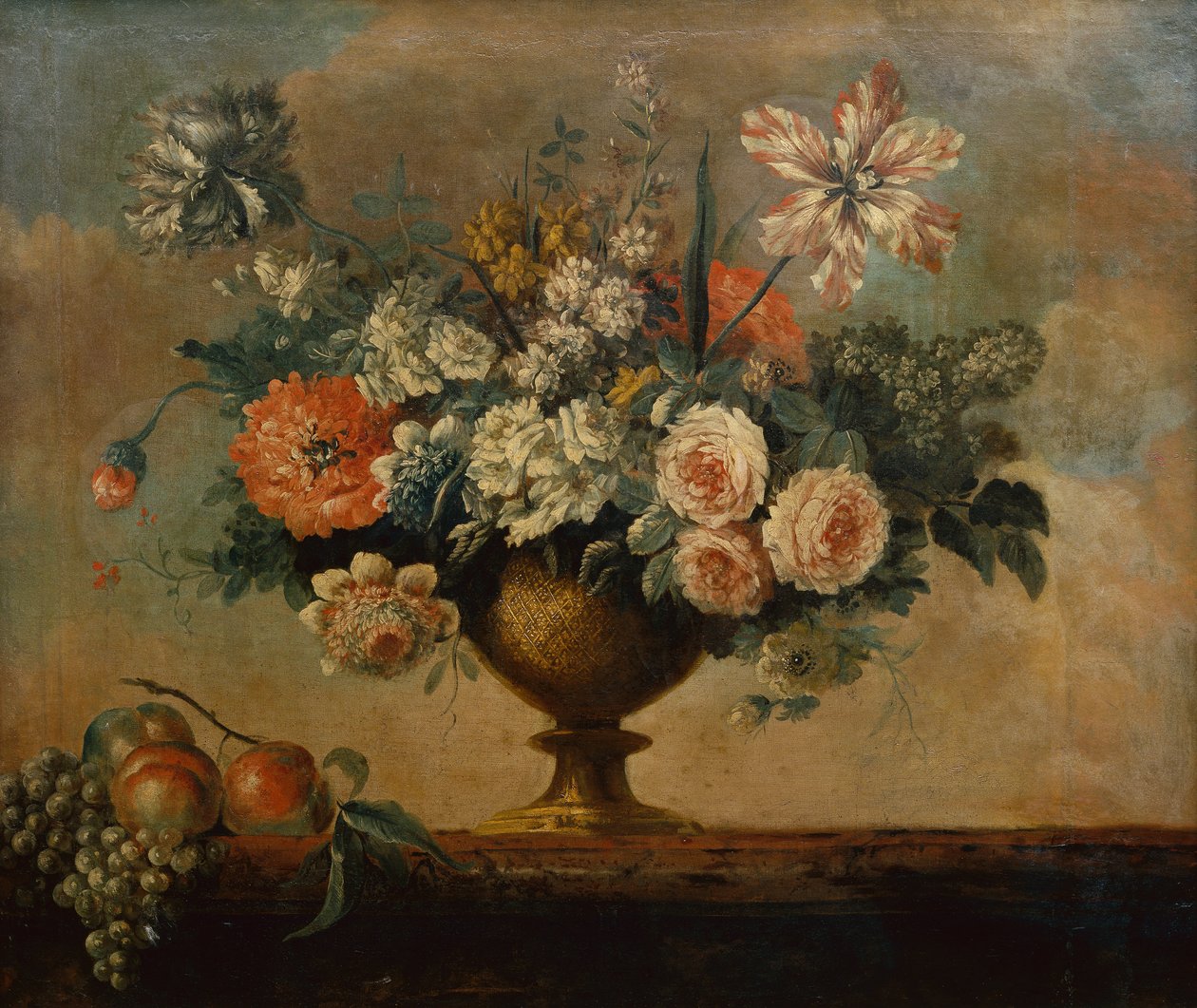 Roser, tulipaner, nelliker og andre blomster i en urne (olje) av Michel Bruno Bellenge