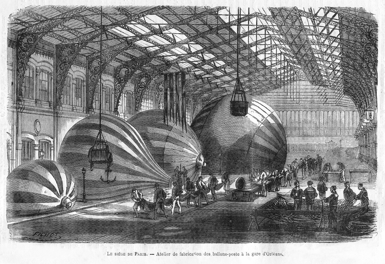 Produksjon av postballonger på Gare d'Orleans under beleiringen av Paris, pub. 1871 (gravering) av Michel Charles Fichot