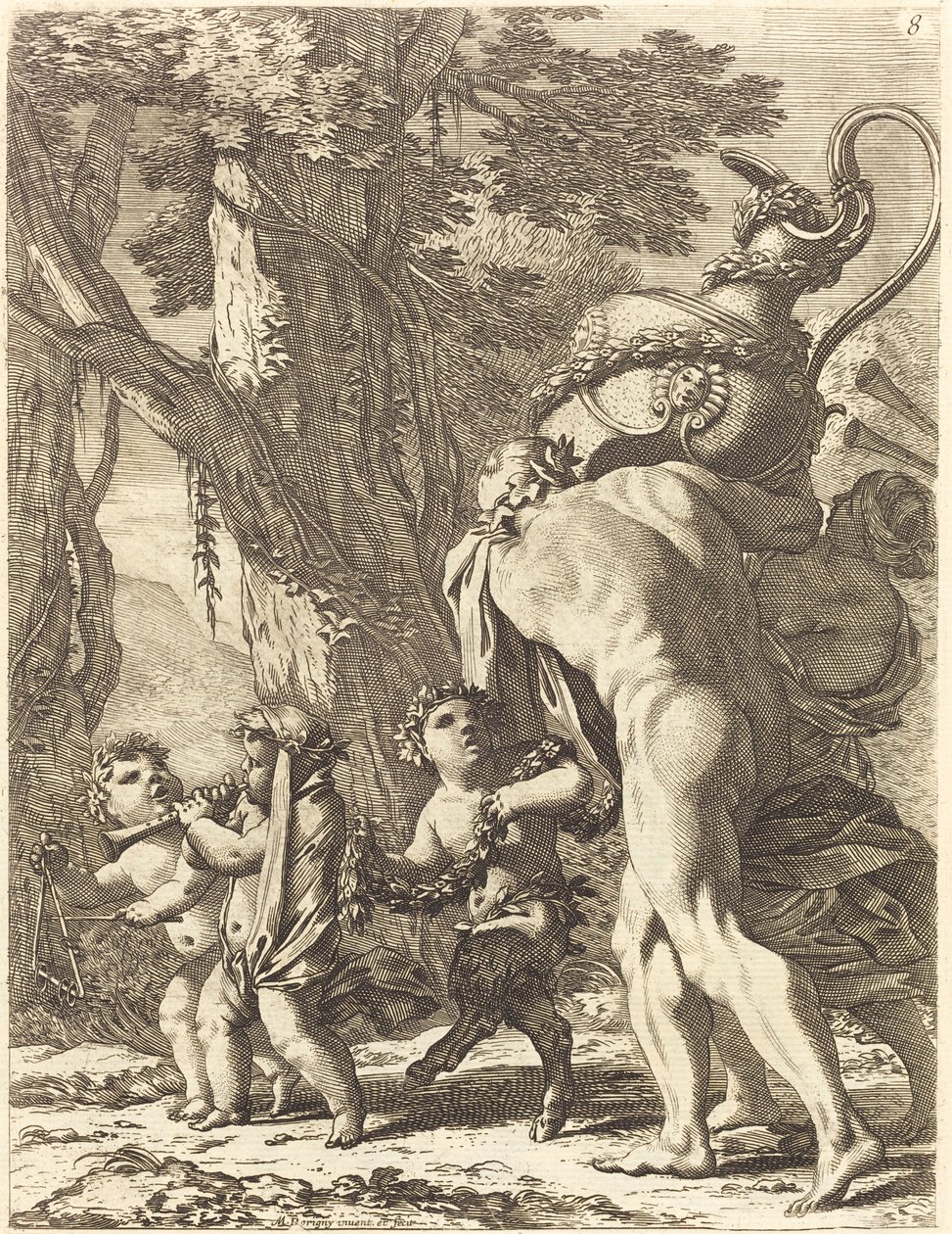 Bacchanal med figurer som bærer en vase av Michel Dorigny