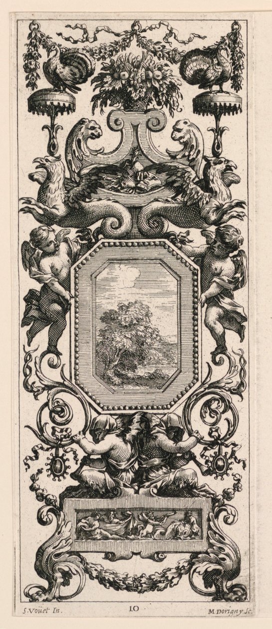 Ornamental panel overbygd av en kurv med blomster og en krans, plate 10 fra Book of Diverse Grotesques malt i kabinettet og badene til Reyne Regente, ved det kongelige slott av Michel Dorigny