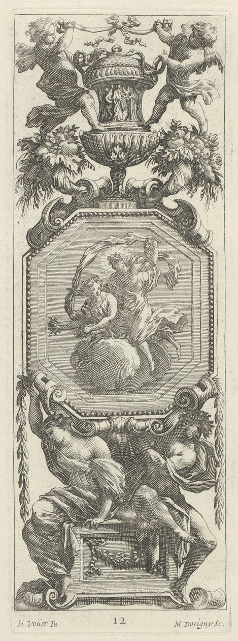 Ornamental panel overbygd av to Putti og en vase av Michel Dorigny, after Simon Vouet