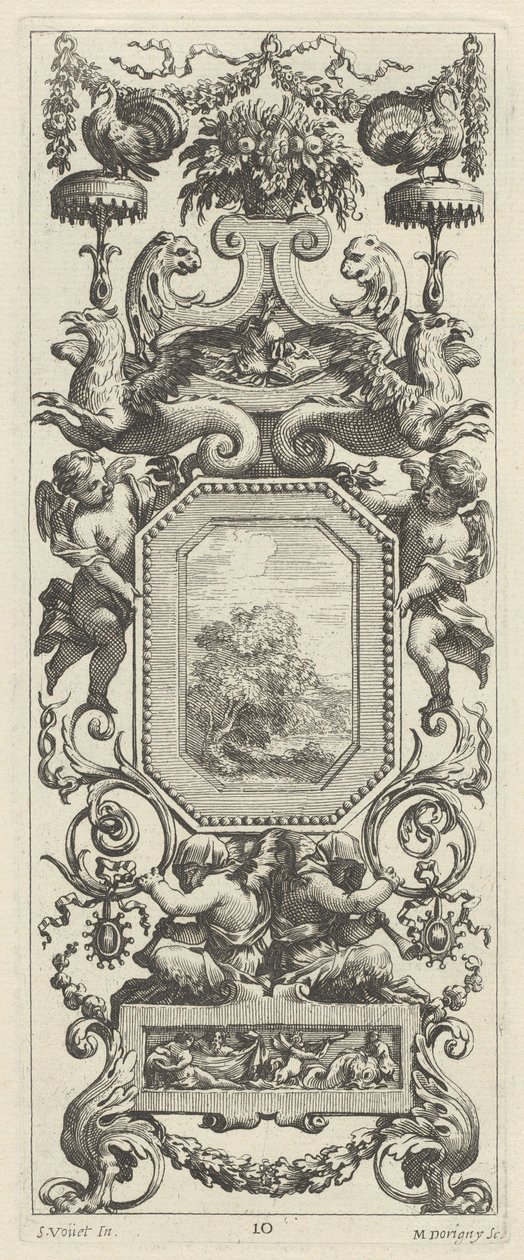 Ornamental panel overbygd av en kurv med blomster og en krans av Michel Dorigny, after Simon Vouet