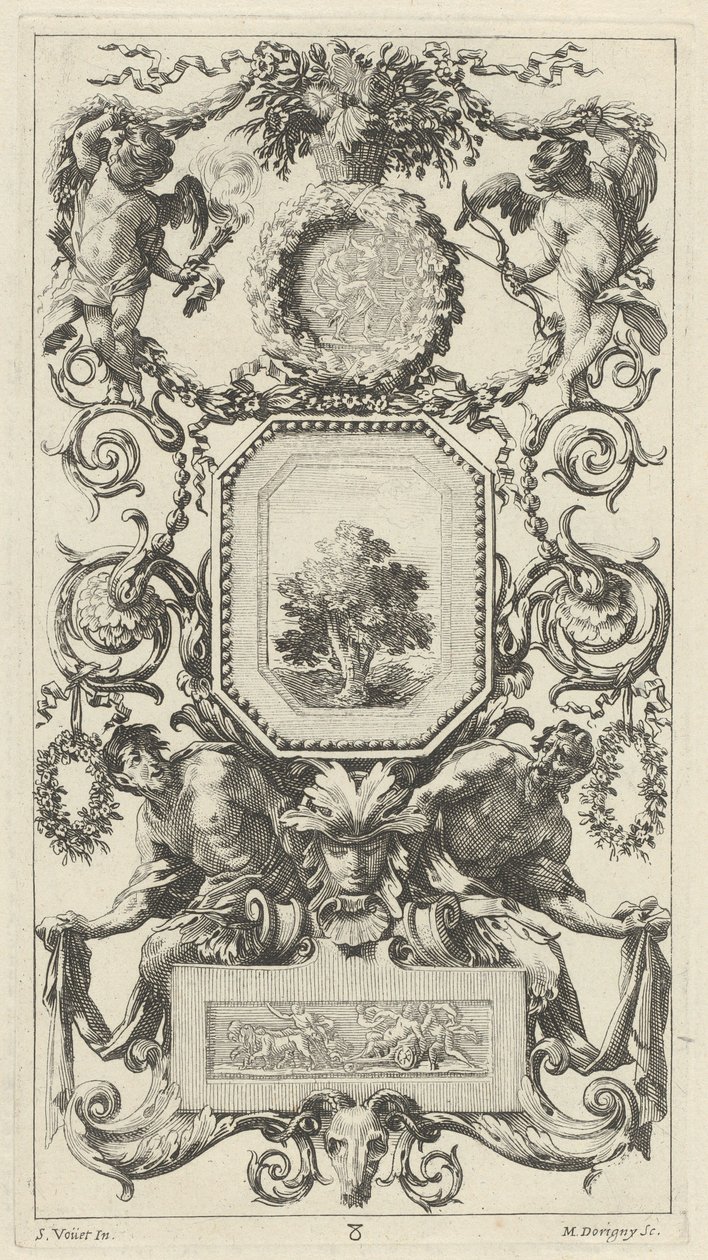 Ornamental panel overbygd av en kurv med blomster med amor og jomfruhinne av Michel Dorigny, after Simon Vouet