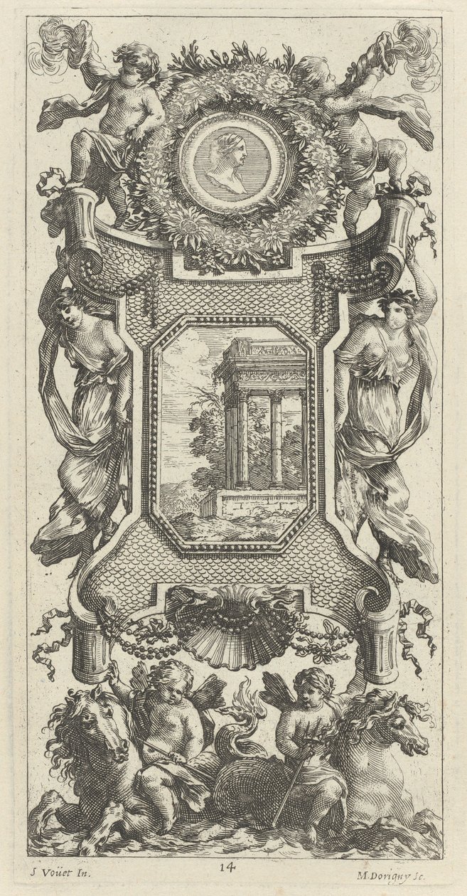 Ornamental panel overbygd av en byste av en kvinne og to putti med flammende trompeter av Michel Dorigny, after Simon Vouet