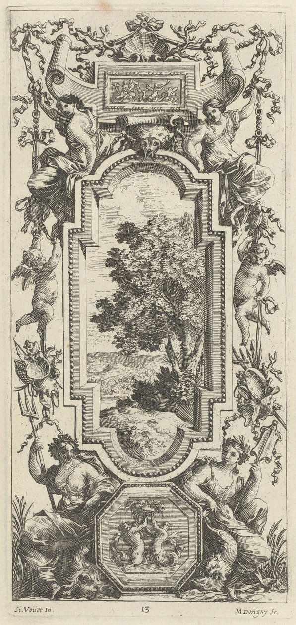 Ornamental panel overbygd av en maritim scene og et skjell av Michel Dorigny, after Simon Vouet