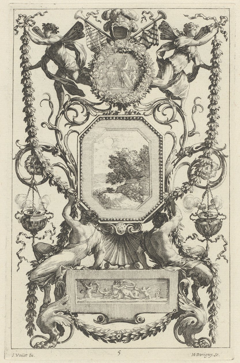 Ornamental panel overbygd av en medaljong med et offer av Michel Dorigny, after Simon Vouet