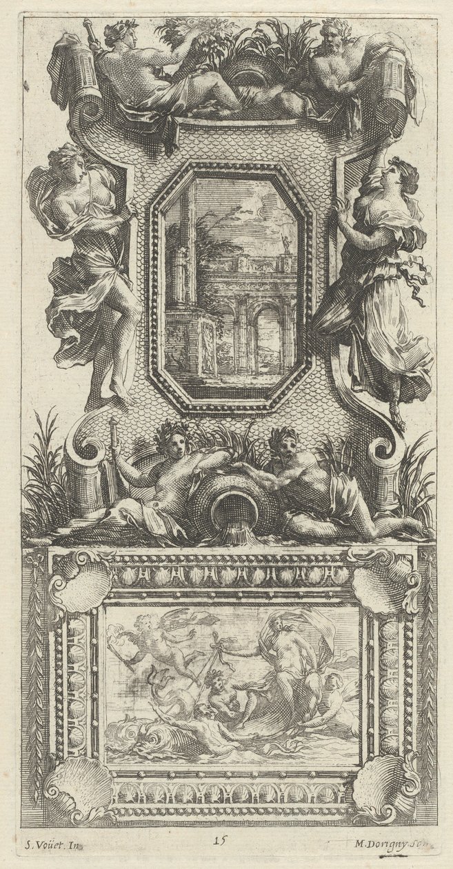 Ornamental panel overbygd av en Naiad og en elvegud av Michel Dorigny, after Simon Vouet