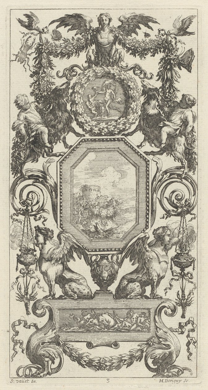 Ornamental panel overbygd av en bevinget harpy av Michel Dorigny, after Simon Vouet