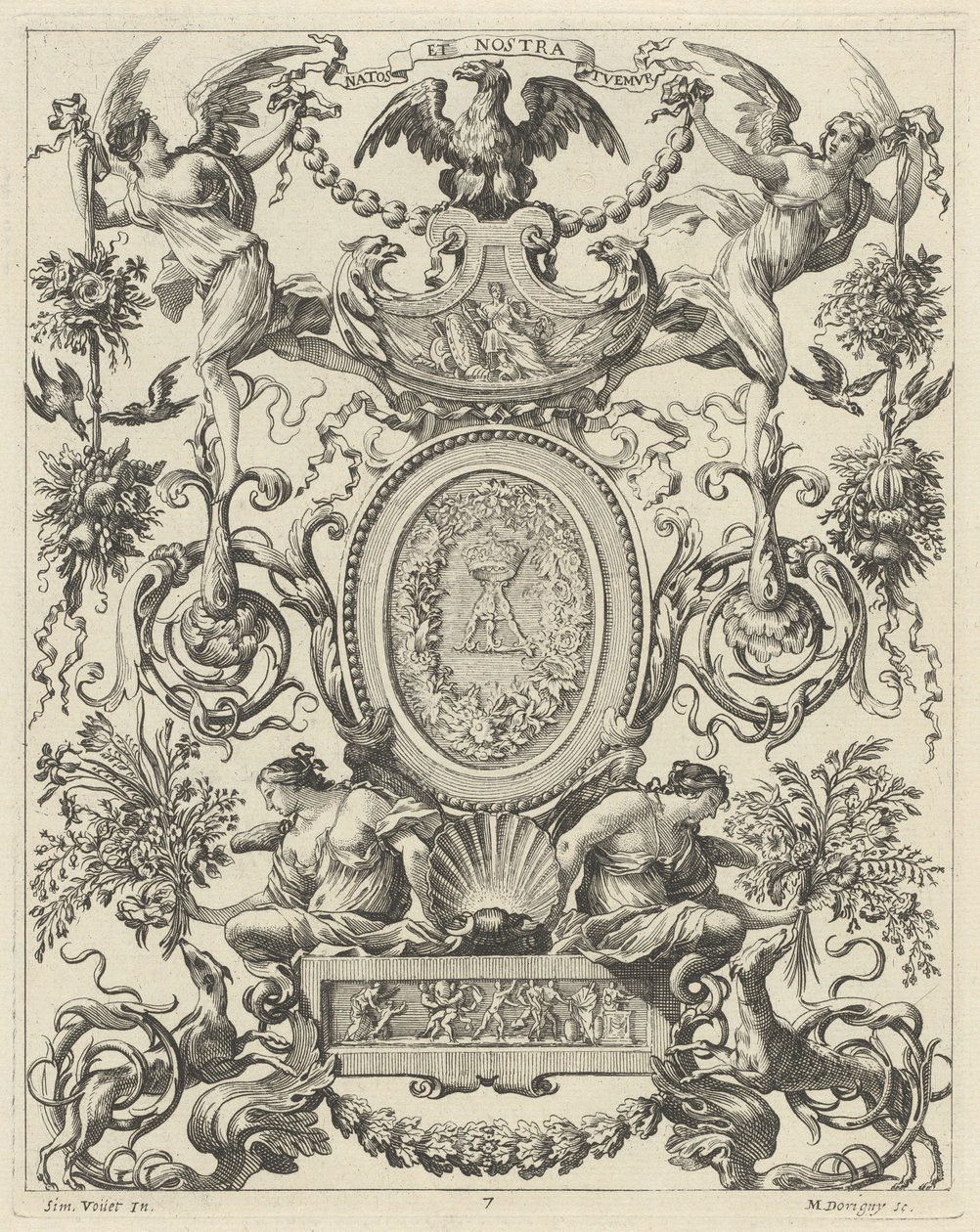 Ornamental panel overbygd av en ørn og mottoet NATOS ET NOSTRA TUEMUR av Michel Dorigny, after Simon Vouet