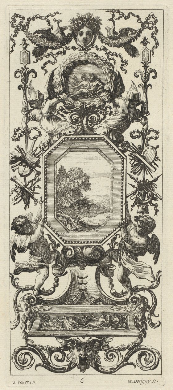 Ornamental panel overbygd av det kronede hodet til en kvinne og to påfugler av Michel Dorigny, after Simon Vouet