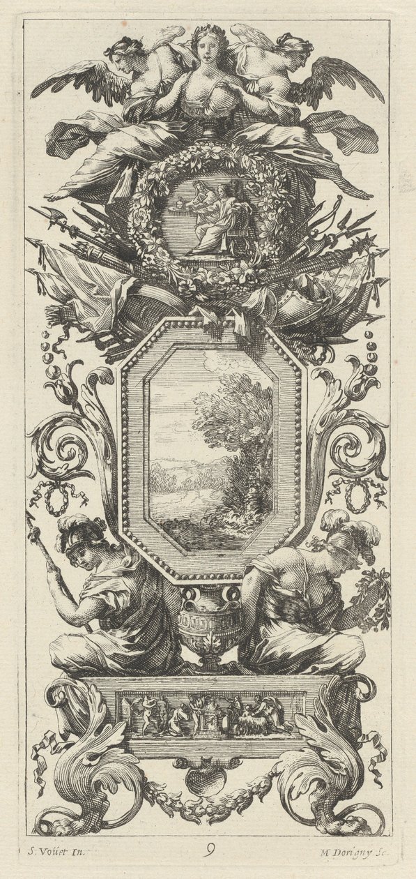 Ornamental panel overbygd med to figurer som lener seg på bysten til en kvinne av Michel Dorigny, after Simon Vouet