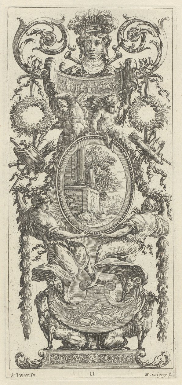 Ornamental panel overbygd med et hode flankert av løvverk av Michel Dorigny, after Simon Vouet