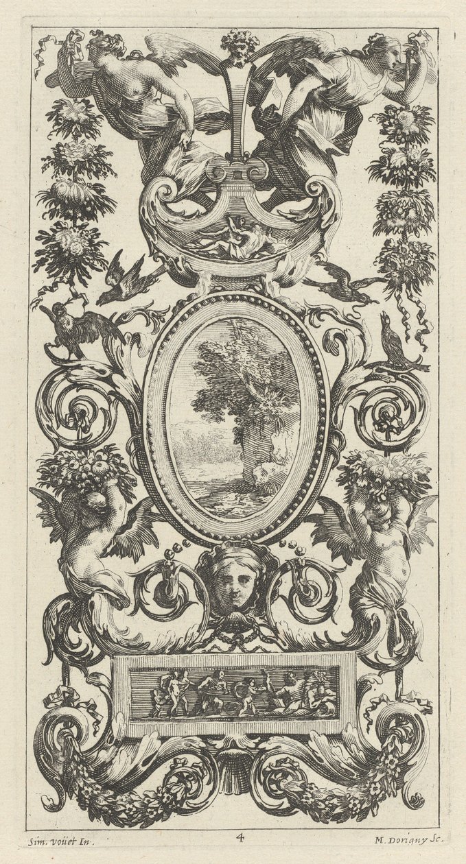 Ornamental panel med pan og to kransbærende kvinner av Michel Dorigny, after Simon Vouet