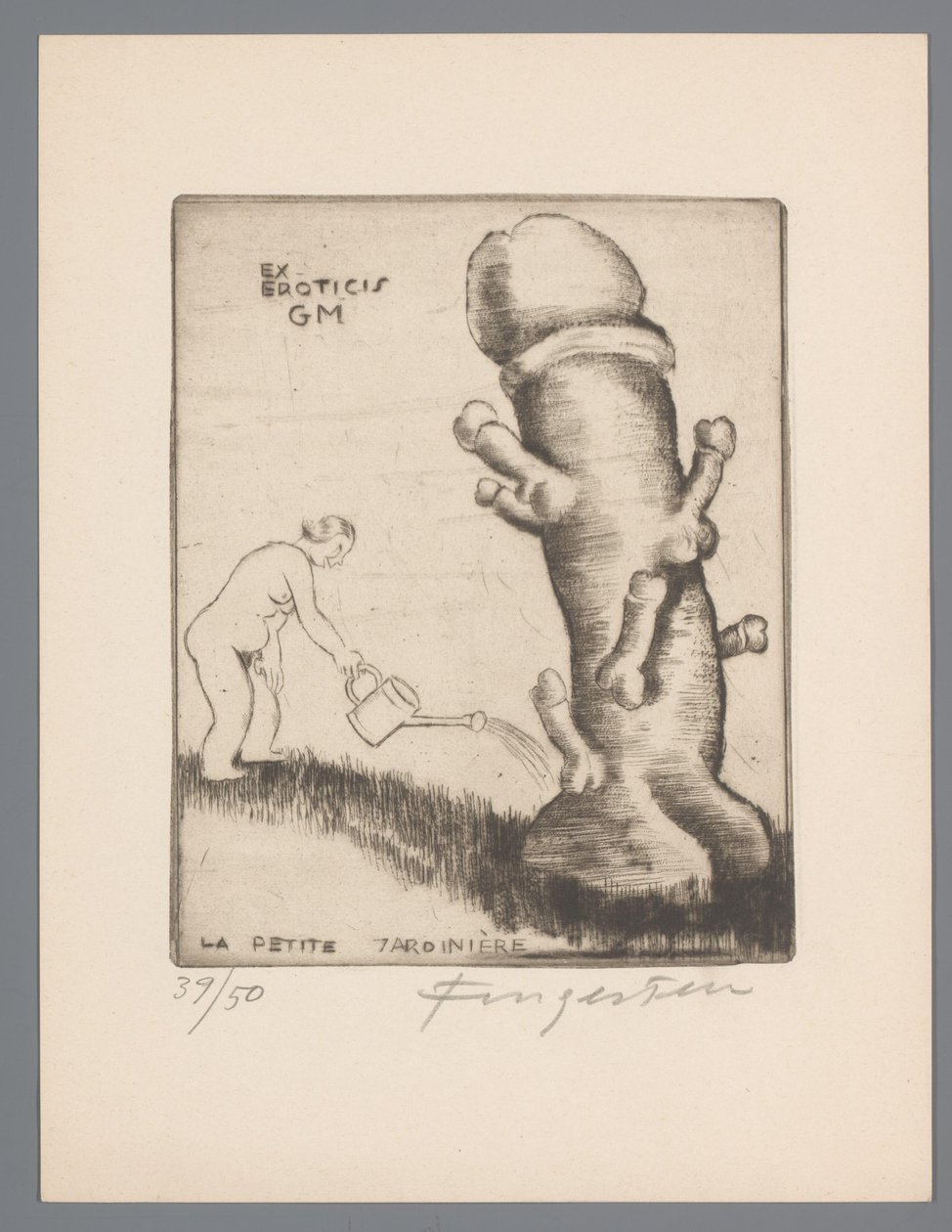 Ex libris av Gianni Mantero Ex eroticis GM (tittel på objekt) La petite jardinière (tittel på objekt) av Michel Fingesten (signed by artist)