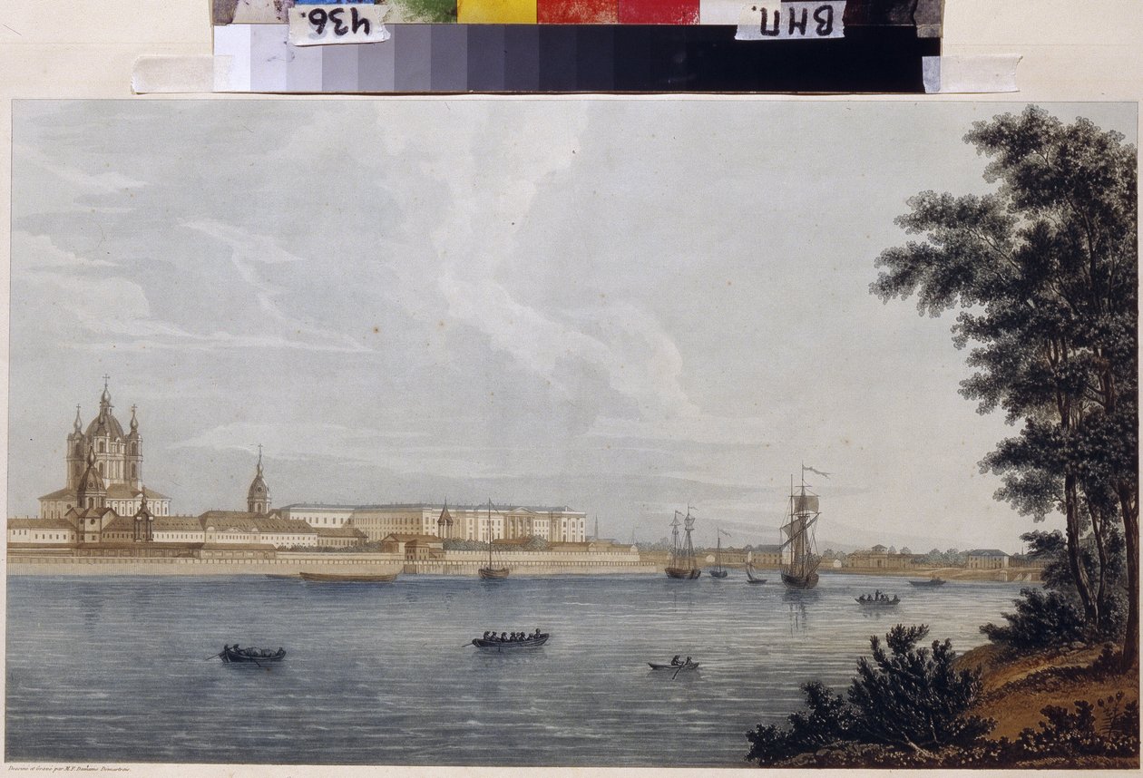 Smolny-klosteret i St. Petersburg. Verk av Michel Francois Damam-Demartrait (Damam Demartrait) (1763-1827), gravering og akvarell av Michel Francois Damam Demartrait