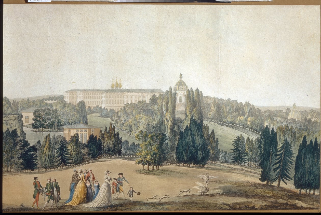 Utsikt over Tsarkoye Selo (Sankt Petersburg). Promenaden til keiserinne Katarina II (1729-1796). (Utsikt over Tsarkoye Selo. Keiserinne Catherine II går). Verk av Michel Francois Damam Demartrait (1763-1827), gravering og akvarell. Fransk kunst av Michel Francois Damam Demartrait