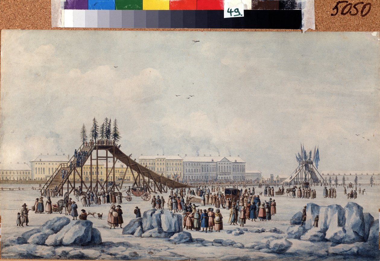 En berg-og-dal-bane-rampe på Neva ved Shrovetide (A Roller coaster on the Neva at Shrovetide). Verk av Michel Francois Damam Demartrait (1763-1827). Akvarell og blekk på papir, ca 1810, 33 x 54 cm, fransk kunst, klassisisme. A. Pushkin Memorial M av Michel Francois Damam Demartrait