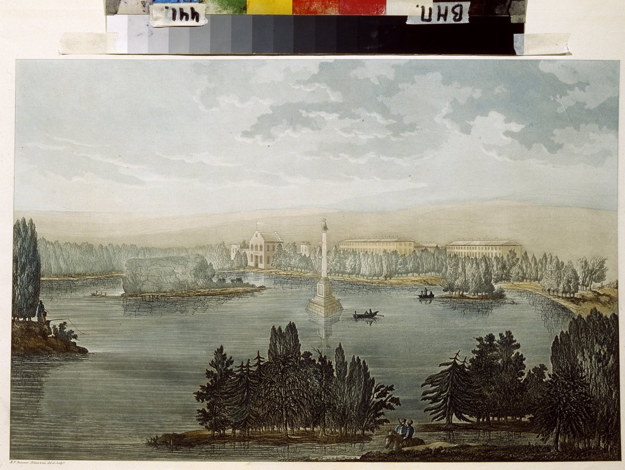 Utsikt over Tsarskoye Selo. Chesme-spalten. (Utsikt over Tsarskoye Selo. Chesme-søylen). Verk av Michel Francois Damam Damartrait (1763-1827), gravering farget med akvarell av Michel Francois Damam Demartrait