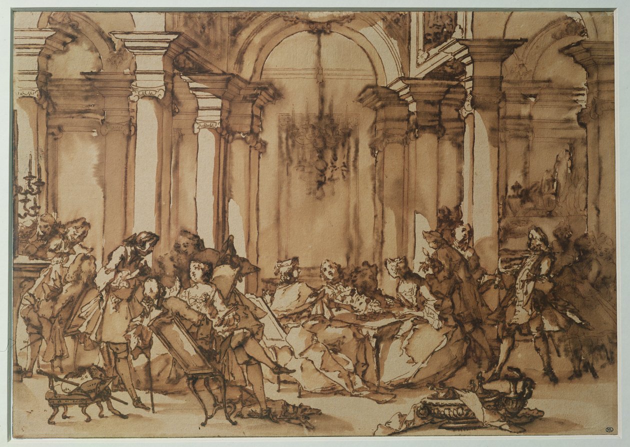 En litterær salong på 1700-tallet (penn- og sepiavask på papir) av Michel Francois Dandre Bardon
