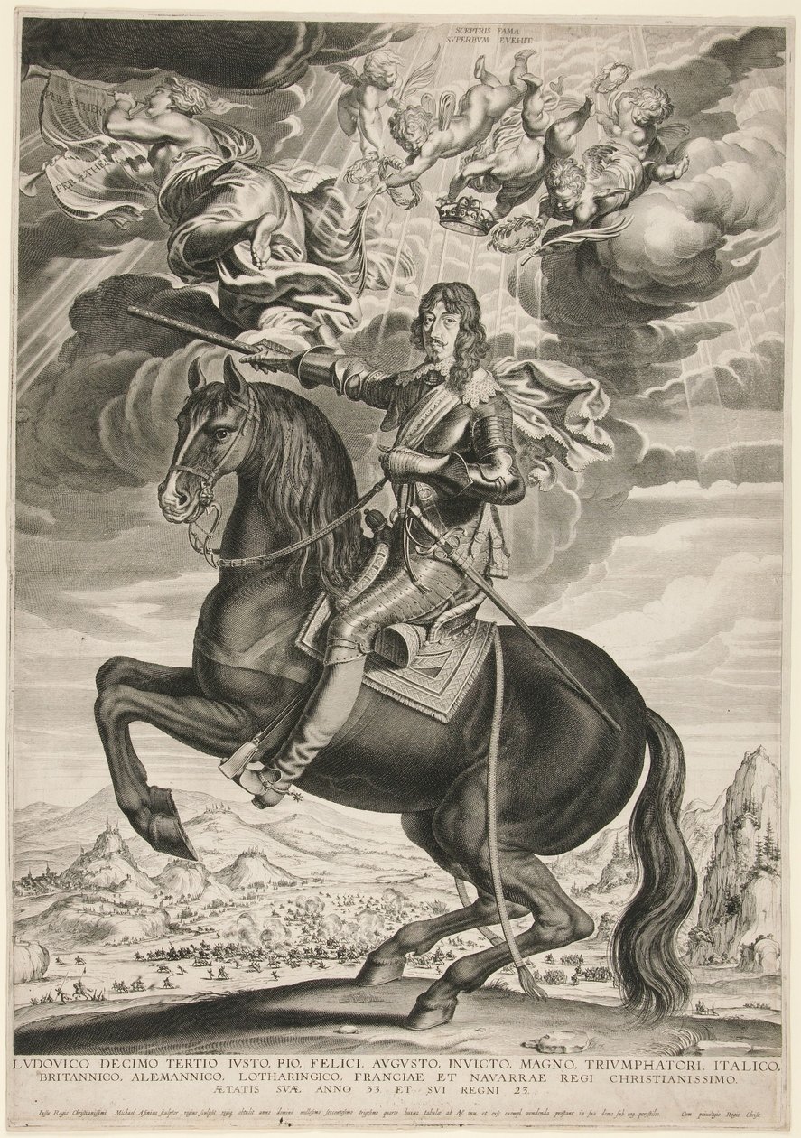Rytterportrett av Ludvig XIII (Bourbon) (1601-1603) i en alder av 33 år. Landskapet er etter Callot av Michel Lasne