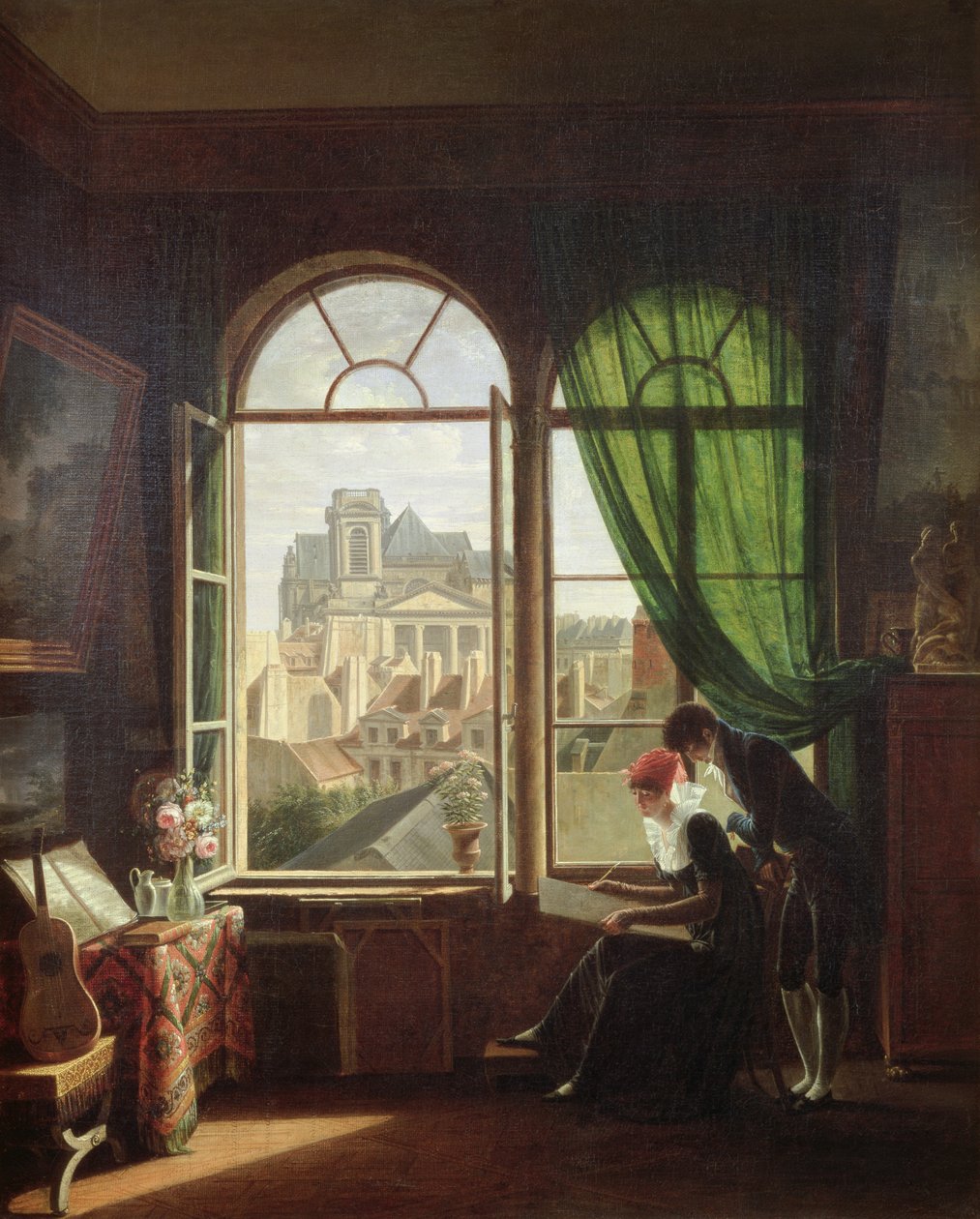 Utsikt over Saint-Eustache kirke fra et hus på Rue Platriere eller kunstnerens interiør, ca. 1810 av Michel Martin Drolling