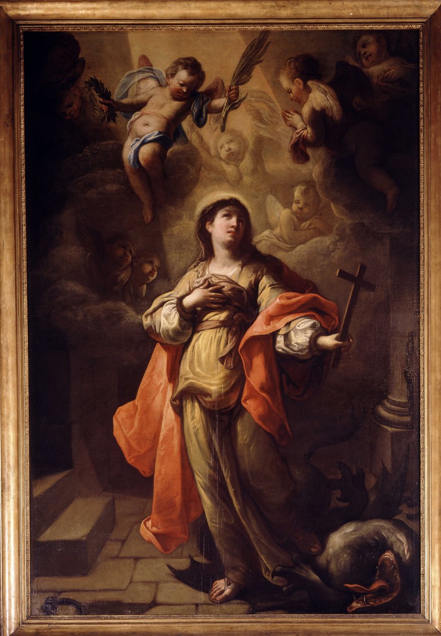 Saint Margaret. I hånden hans et krusifiks og føttene dragen (olje på lerret) av Michel Serre