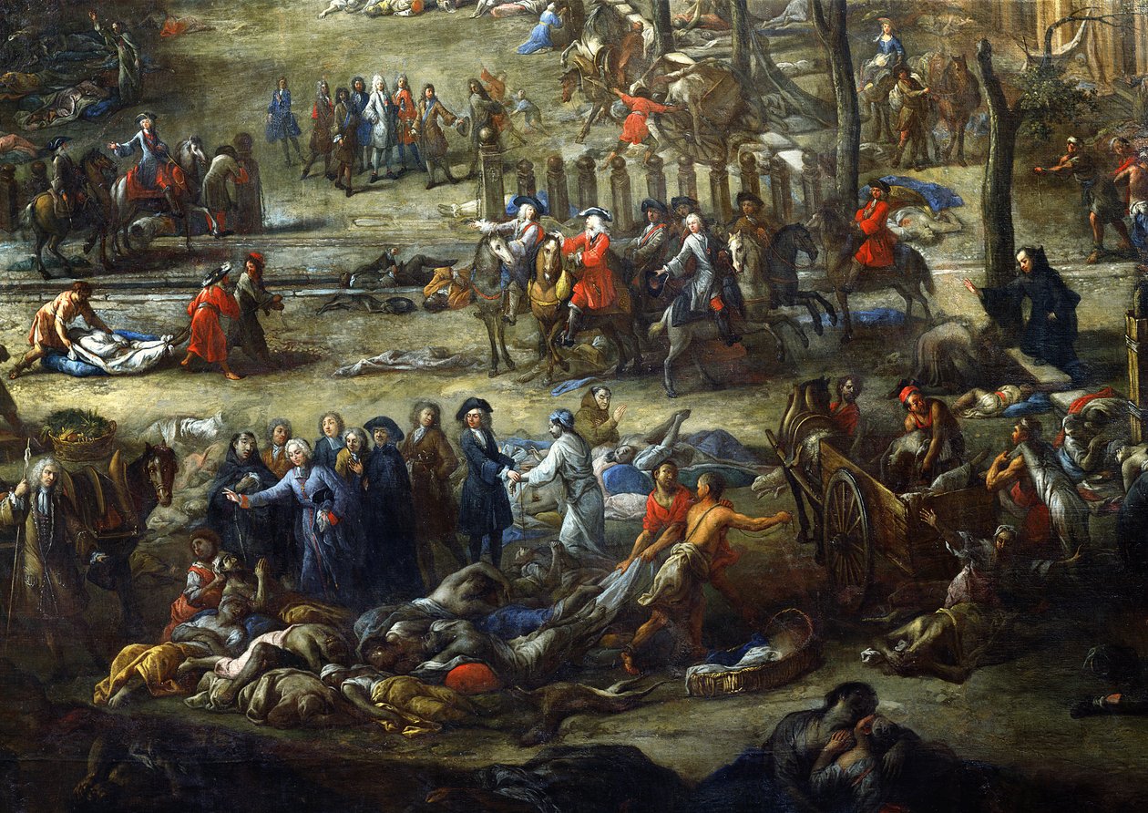 Utsikt over Cours Belsunce, Marseille, under pesten i 1720, detalj som skildrer kardinalen av Belsunce med en gruppe lik av pestofre av Michel Serre
