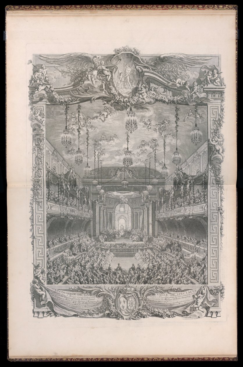 Utsmykning av auditoriet, bygget i den overbygde rideskolen i den store stallen i Versailles, for fremføringen av prinsessen av Navarra Komedieballetten, gitt i anledning ekteskapet til Louis Dauphin av Frankrike med Marie Thérèse Infante d. av Michel de Bonneval