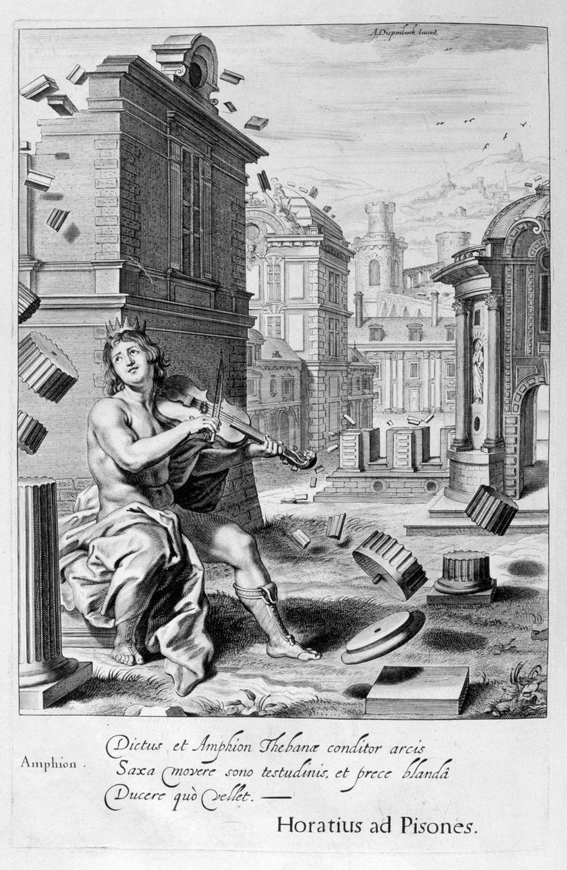 Amphion bygger murene til Theben ved musikken til fiolinen hans, 1655 av Michel de Marolles